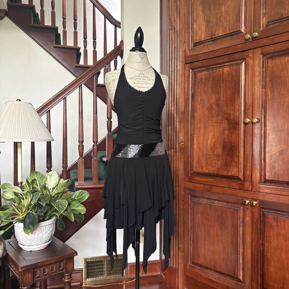 Beaded Black Silver Halter Asymmetrical Hem Dress 90s Vintage  Wong